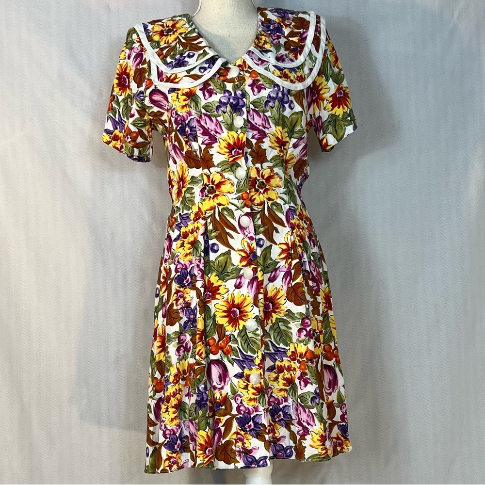Joni Blair 1980’s Vintage Dress Floral Short Sleeves Tie Back Button Front 7 👍